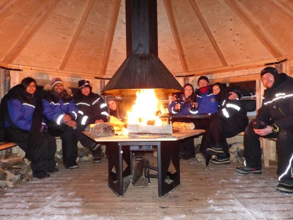 Keeping warm inside the hut 