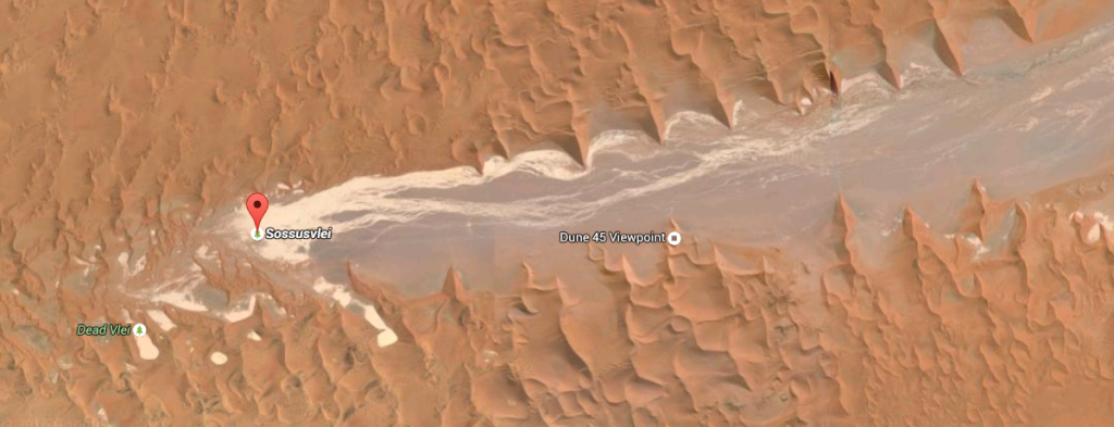 How Sossusvlei, Deadvlei, Dune 45 and the Tscauchab river bed fit together... from Google maps